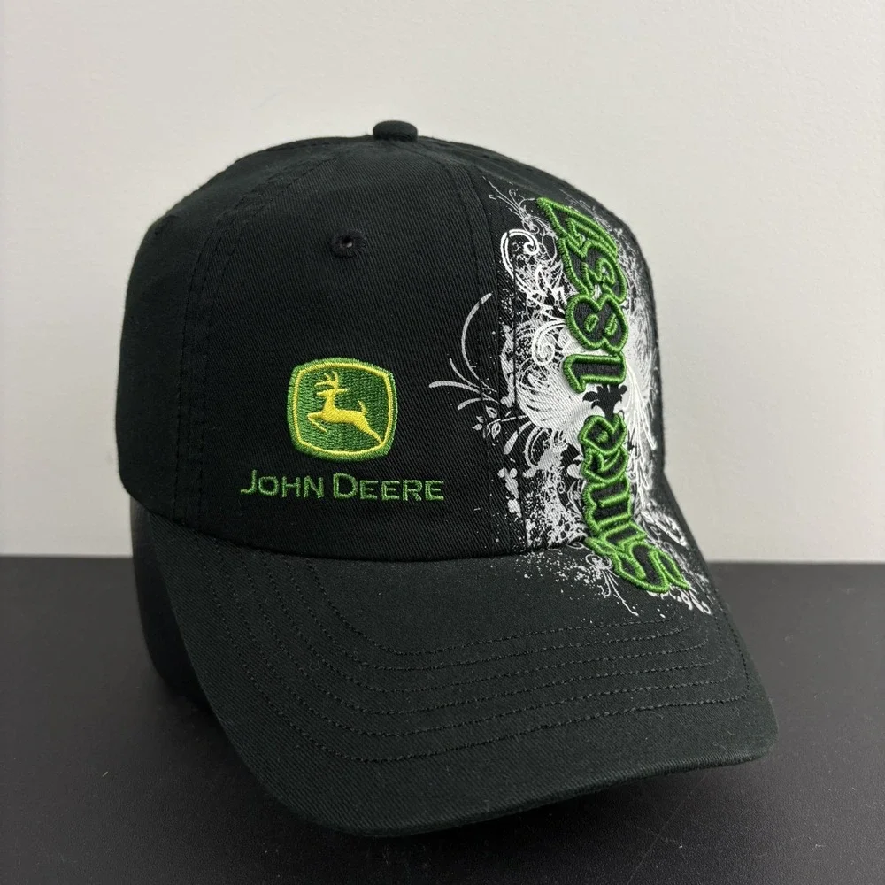 Vintage Y2K John Deere Hat Black Green Agriculture Farming Strapback Grunge Cap